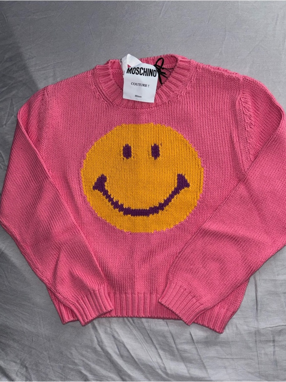 Moschino Pink Crewneck Sweater with Yellow Smiley